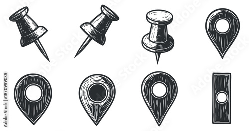 A collection of pushpins and location markers in black and white sketch vector style, ideal for map design and navigation projects