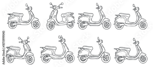 A collection of scooter illustrations in black outline style, perfect for urban mobility concepts and graphic design projects