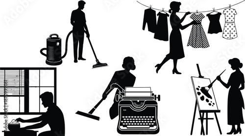 Vintage silhouettes of men and women performing household chores, creative work, and domestic tasks in retro style illustration flat vector illustration