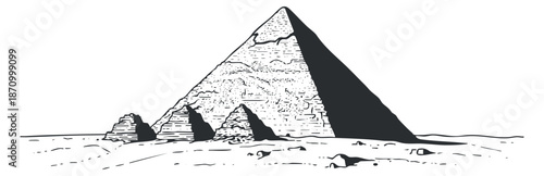 An illustration of the Great Pyramid of Giza in black and white outline vector style, ideal for travel and history projects