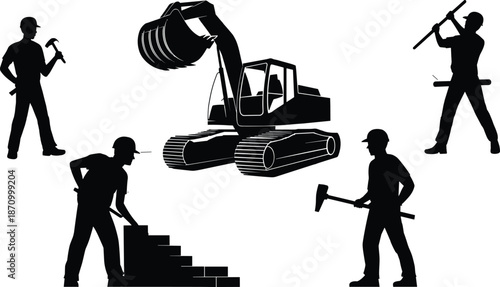 Construction workers silhouettes with tools, heavy machinery, digging, hammering, labor force, bricklaying, teamwork, industrial site, builder equipment, contractor activity flat vector illustration