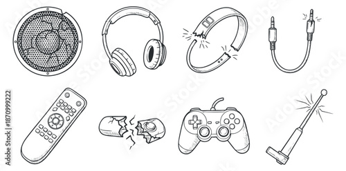 A collection of electronic gadgets including headphones, speaker, remote control, and gaming controller in outline vector style, ideal for technology-themed projects