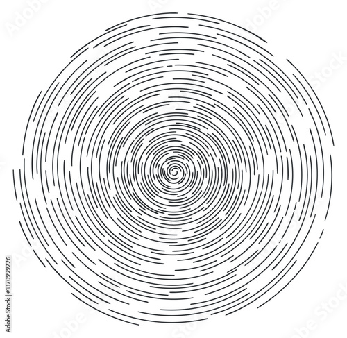 An abstract swirling spiral pattern made of thin lines in a minimalist black and white vector style, suitable for artistic designs and backgrounds