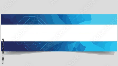 A blue and white banner with geometric patterns