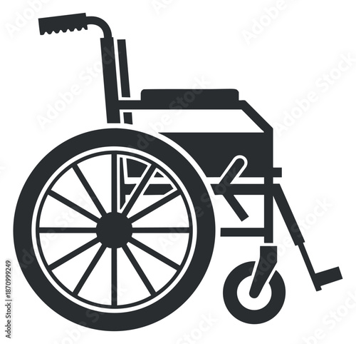 A wheelchair in a minimalist black and white vector style, suitable for accessibility and healthcare design projects