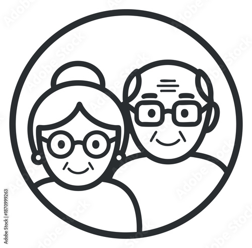 A smiling elderly couple with glasses in simple outline vector style, ideal for family and community illustrations