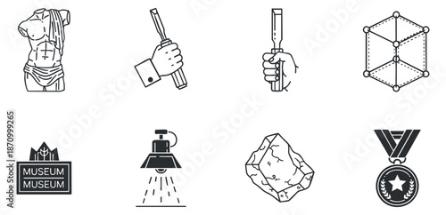 A collection of museum-related icons including a sculpture, hand holding a tool, and a trophy in black and white outline vector style, ideal for educational and cultural projects
