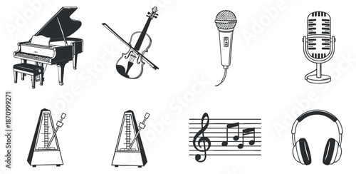 A collection of musical icons including a piano, violin, microphones, metronomes, and headphones in clean black and white vector style, ideal for music-related projects
