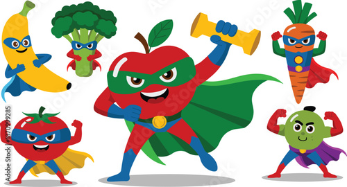 "Cartoon superhero fruits and vegetables characters, fitness healthy food icons, fun animated vegetables and fruits in action poses"

flat vector illustration