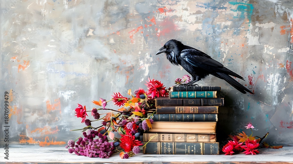 Fototapeta premium Black raven on pile of antique books with red flowers, grunge artistic background