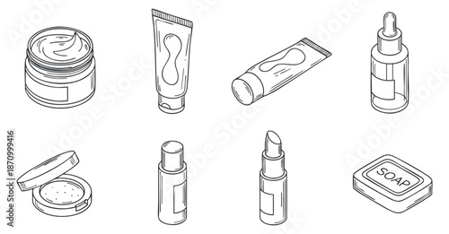 A collection of skincare and cosmetic products including cream, soap, and lip balm in minimalist outline vector style, suitable for beauty branding and promotional materials