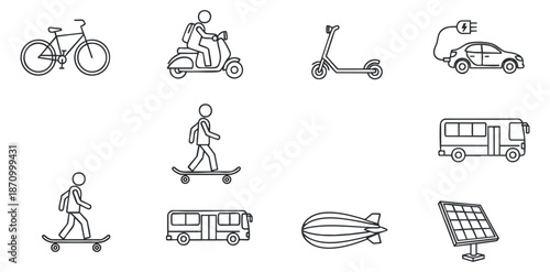 A collection of transportation icons including a bicycle, scooter, electric car, skateboard, bus, and solar panel in minimalist outline vector style, suitable for eco-friendly transportation projects