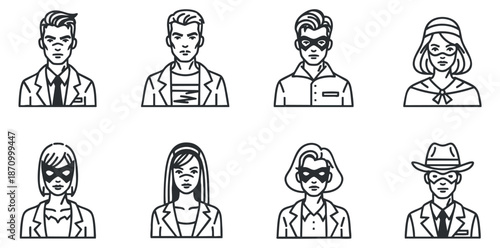 A collection of eight character icons featuring men and women in various outfits and masks in flat outline vector style, suitable for branding and creative projects