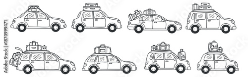 A set of various cars with luggage on top in black and white outline vector style, perfect for travel-themed designs