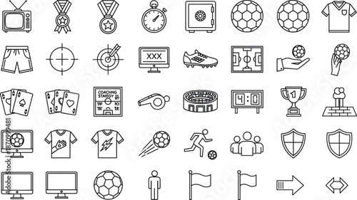 Football soccer line icons illustration set showing sport equipment rules competition and match elements