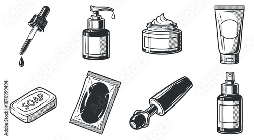 A collection of skincare and beauty product icons including soap, dropper, cream, and lotion in black and white outline vector style, ideal for cosmetic branding and packaging