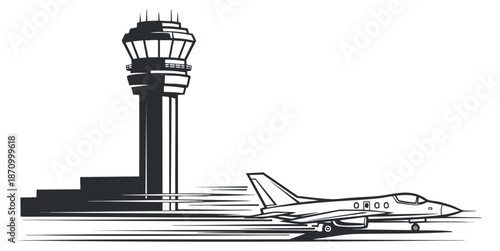 A jet airplane taking off with an airport control tower in black and white outline vector style, perfect for travel and aviation design