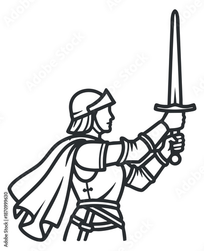 A heroic knight holding a sword in an outline vector style, suitable for fantasy illustrations and designs