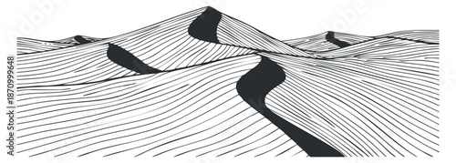 A stylized illustration of abstract sand dunes with flowing lines in black and white vector style, suitable for artistic backgrounds and modern design projects