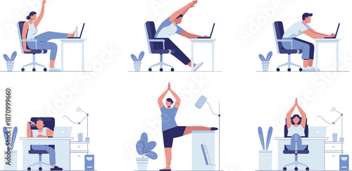 Office workers doing stretching exercises at desk and chair, promoting workplace wellness, ergonomic health, and office fitness routine illustration flat vector illustration
