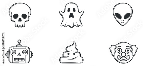 A collection of spooky icons featuring a robot, skull, ghost, alien, and clown in black and white outline style, perfect for Halloween-themed designs