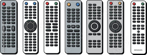 "Set of diverse TV remote controls collection, various styles and buttons, isolated on white background, electronic device accessories"

flat vector illustration
