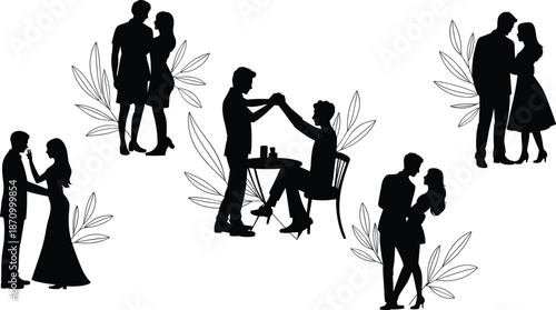 Romantic couple silhouette, dating moments, holding hands, love expression, intimate pose, floral decoration, emotional bond, relationship connection, together forever

 flat vector illustration