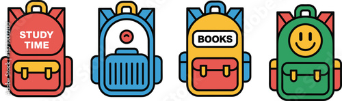 Colorful school backpacks icons set with study time and books labels, flat style vector illustration for education and kids flat vector illustration