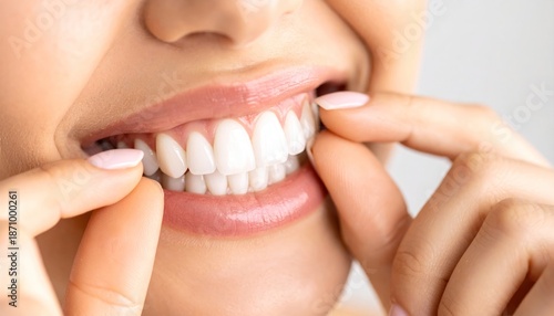 Close-up of a woman proudly showcasing her bright, healthy white teeth and perfect smile.