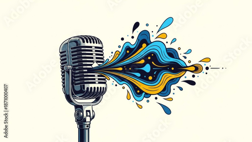 Vintage microphone with colorful sound waves and splashes on a light background with music and audio and recording and musician and performance