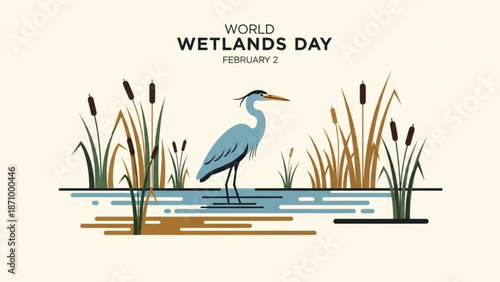 World wetlands day illustration with heron standing in shallow water surrounded by cattails on february 2nd with conservation and ecosystem and environment