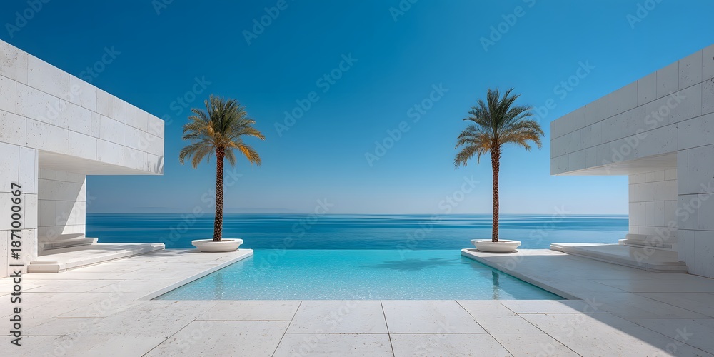 Fototapeta premium Panoramic view of a minimalist white stone terrace overlooking a calm blue ocean, symmetrical palm trees framing a bright, clear blue horizon.
