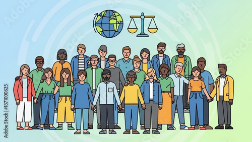 Diverse group of people standing together in unity and harmony with globe and scales above them representing global equality and justice with diversity
