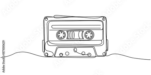 One continuous line drawing of audio cassette tape with notes. Retro and nostalgic music and mixtape concept for web banner in simple linear style. Editable stroke. Doodle Vector illustration
