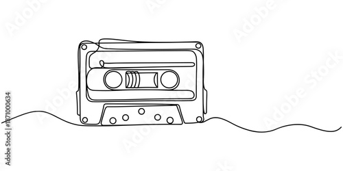 One continuous line drawing of audio cassette tape with notes. Retro and nostalgic music and mixtape concept for web banner in simple linear style. Editable stroke. Doodle Vector illustration