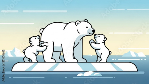 A mother polar bear and her two adorable cubs standing on a melting iceberg in the arctic ocean with icebergs and a sunset background with mother bear