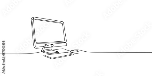 Single continuous line drawing of retro old classic personal computer processor unit. Vintage cpu with analog monitor and keyboard item concept one line draw design graphic vector illustration