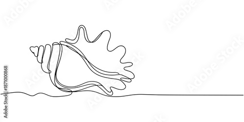 Conch snail shell one continuous line art drawing. Single line art sea shell. Doodle vector illustration. Marine animal concept continuous line art.