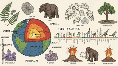 Geological infographic featuring earth layers fossilized plants and animals with fossils and science and education and geology and prehistoric