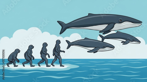 Evolutionary transformation of humans into whales in ocean with blue sky and clouds background with cartoon and marine and nature and sea and illustration