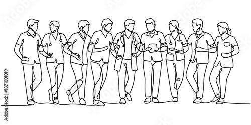 Continuous one line drawing of group of doctors giving thumbs up gesture from top view, confident medical team concept, single line art.