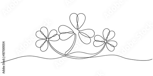 Three leaves clover in one continuous line drawing vector illustration. Continuous single line art four leaf clovers. Clover four-leaf in one continuous line drawing. Doodle vector illustration