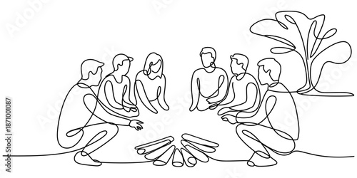 Continuous one line drawing of group of teenagers talking around campfire, friendship and activity concept, single line art.