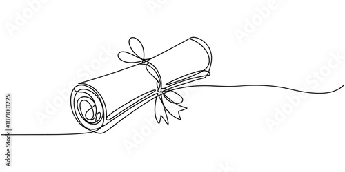 Continuous single line drawn, certificate or diploma with award badge . Single line drawn badge academic scroll paper,. Vector illustration, continuous line drawing of a rolled diploma with ribbon bow