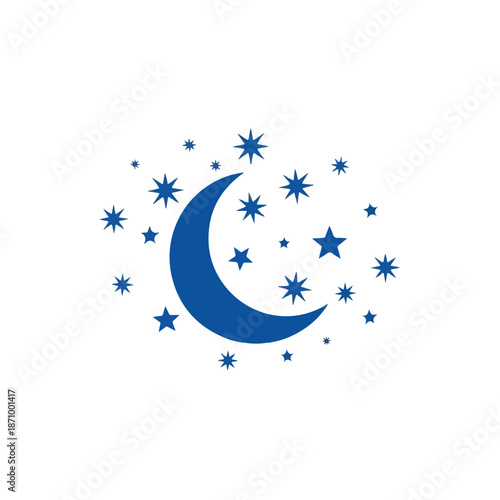 A blue crescent moon surrounded by stars on a white background
