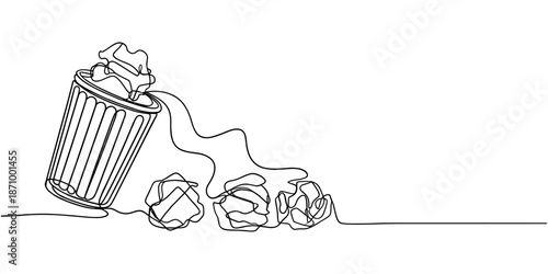 One continuous line drawing of metallic garbage container. Recycling waste dustbin in simple linear style. Trash box with opened lid and empty space in editable stroke. Doodle vector illustration