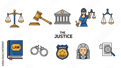Justice system concept with law symbols and icons including scales gavel courthouse lady justice law book handcuffs police badge judge and legal documents on white