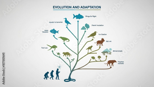 Evolution and adaptation concept with tree of life and human ancestors with biology and ecology and species evolution and natural selection and ecosystem