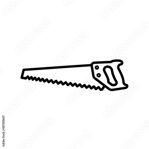 Simple black line illustration of a hand saw on a white background