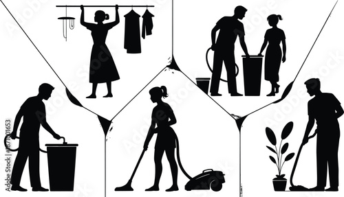 Silhouette Illustration of Everyday Home Chores: Cleaning, Gardening, Laundry, and Waste Management flat vector illustration